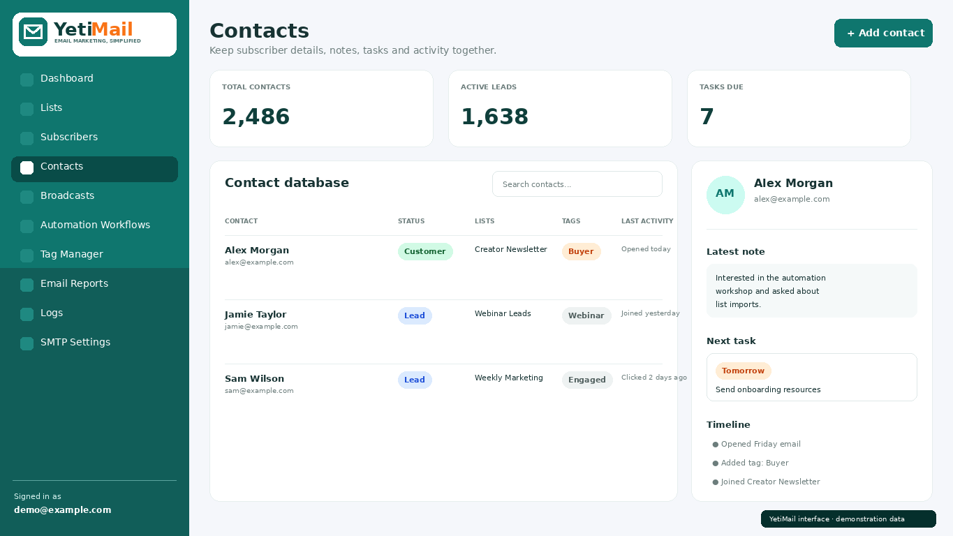YetiMail contacts CRM showing status, lists, tags, notes, tasks and activity